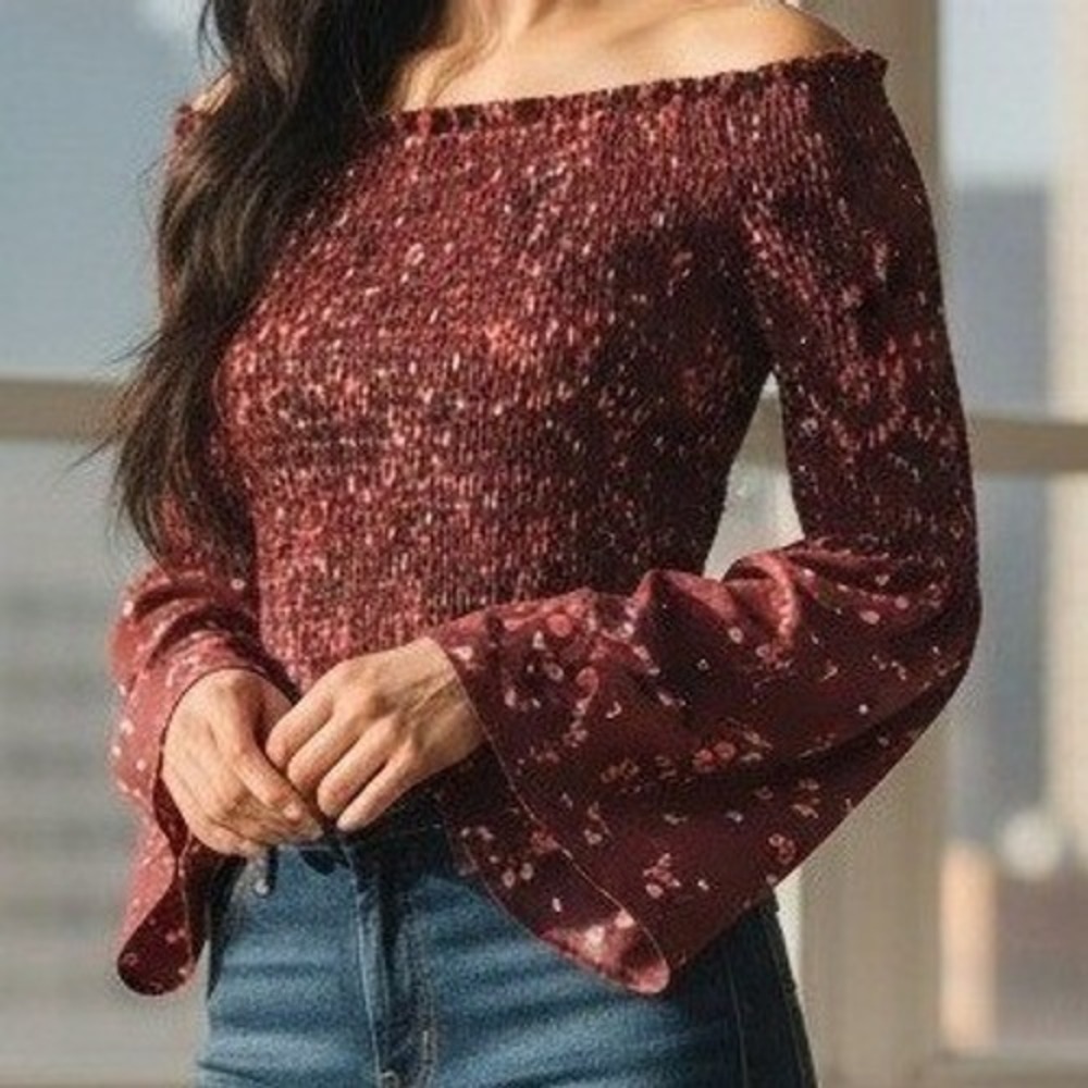 Express Smocked Floral Blouse Small Burgundy Boho Bell Sleeve Boho Festival